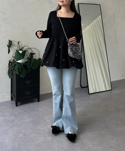 方領珍珠荷葉邊疊穿長袖T恤