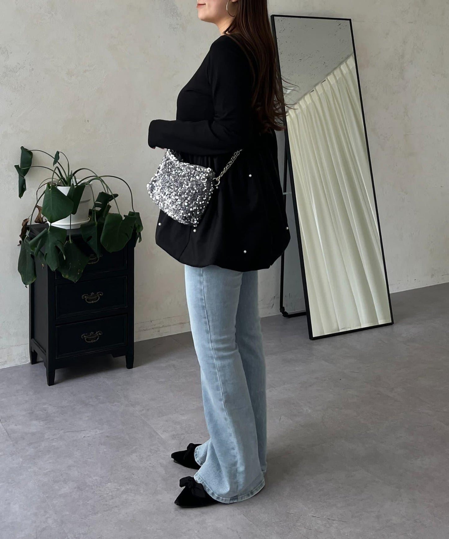 方領珍珠荷葉邊疊穿長袖T恤