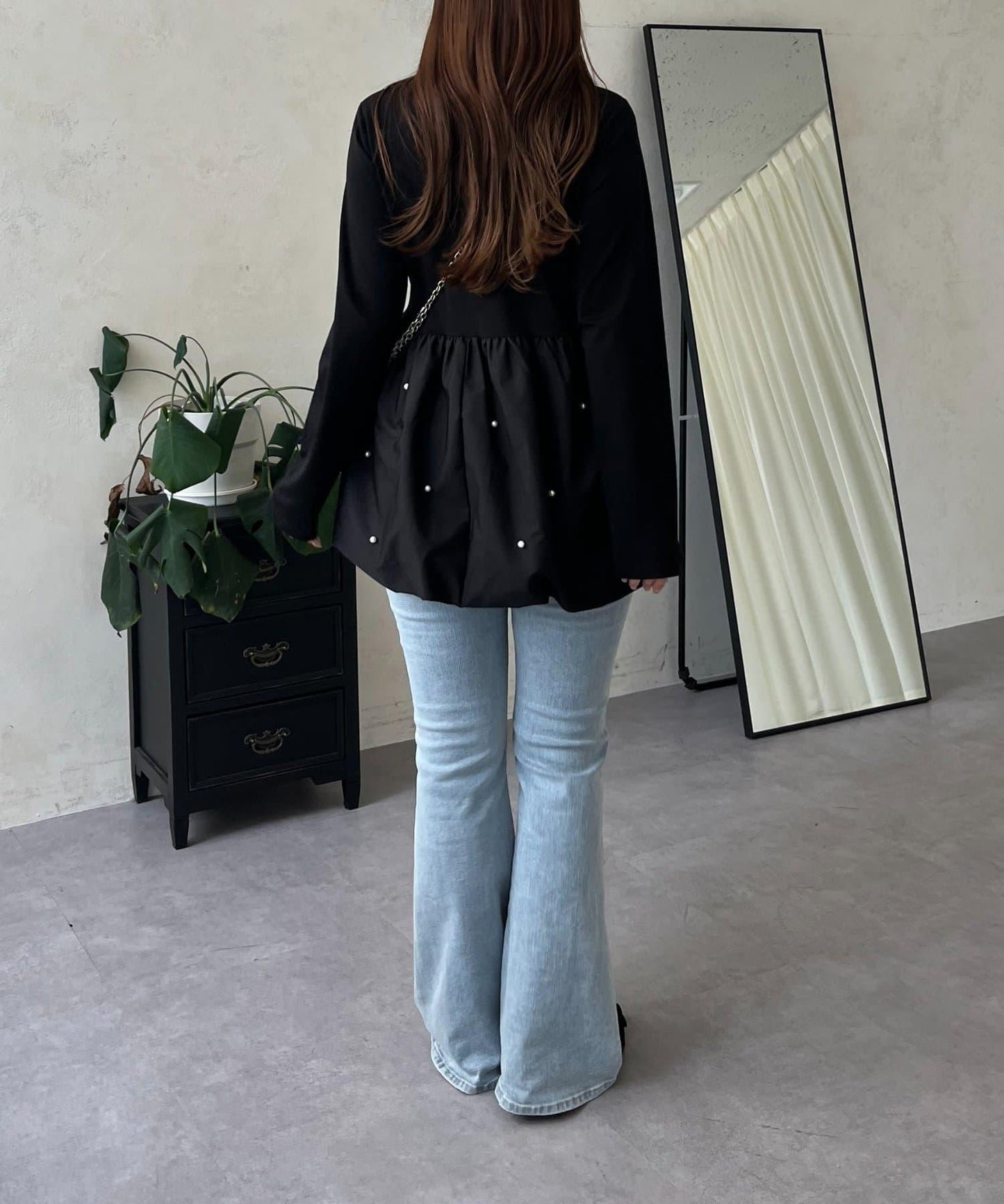 方領珍珠荷葉邊疊穿長袖T恤