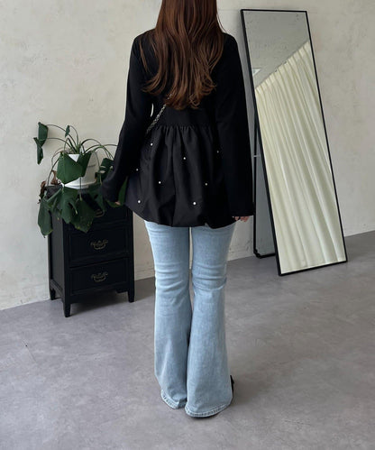 方領珍珠荷葉邊疊穿長袖T恤