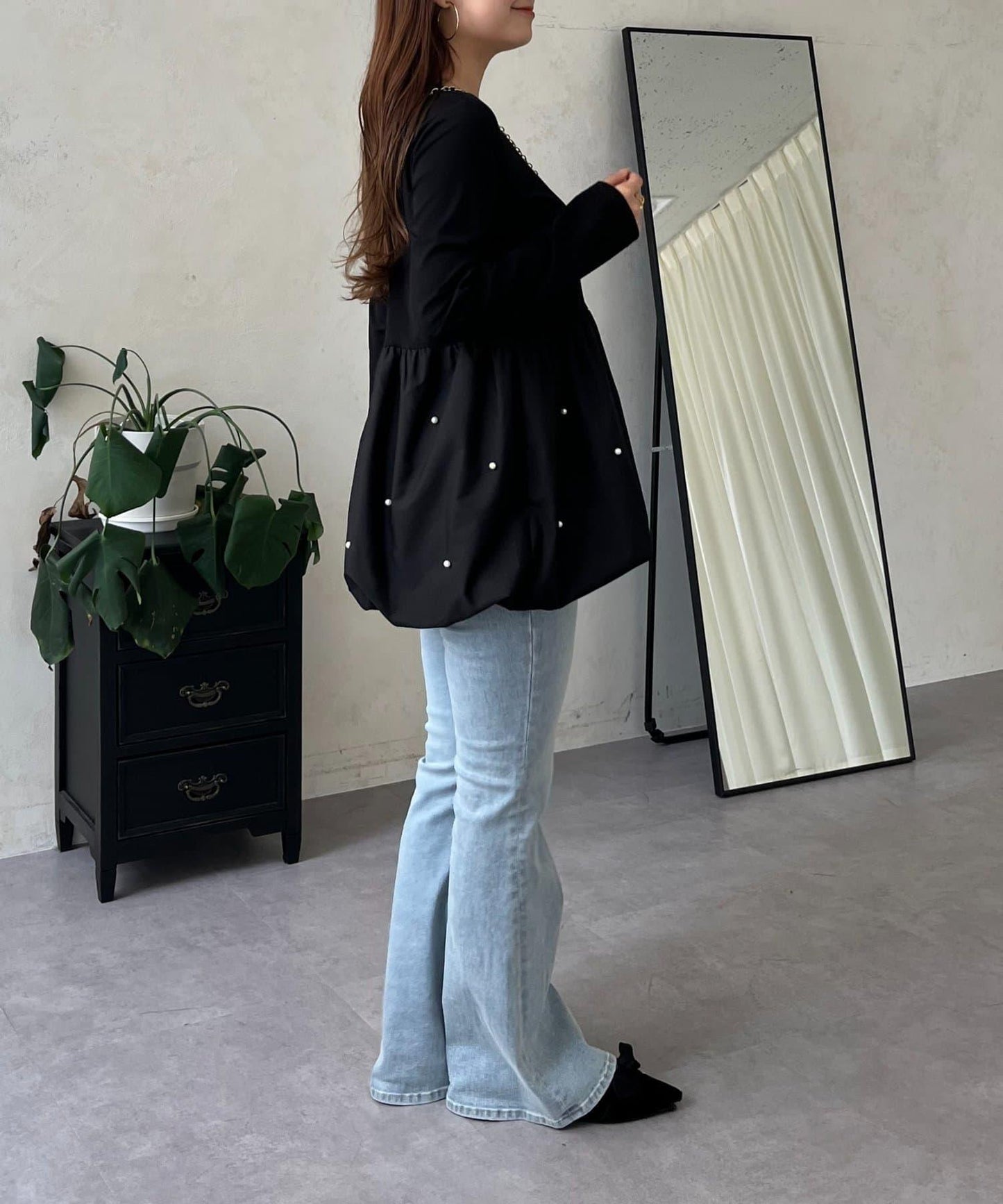 方領珍珠荷葉邊疊穿長袖T恤