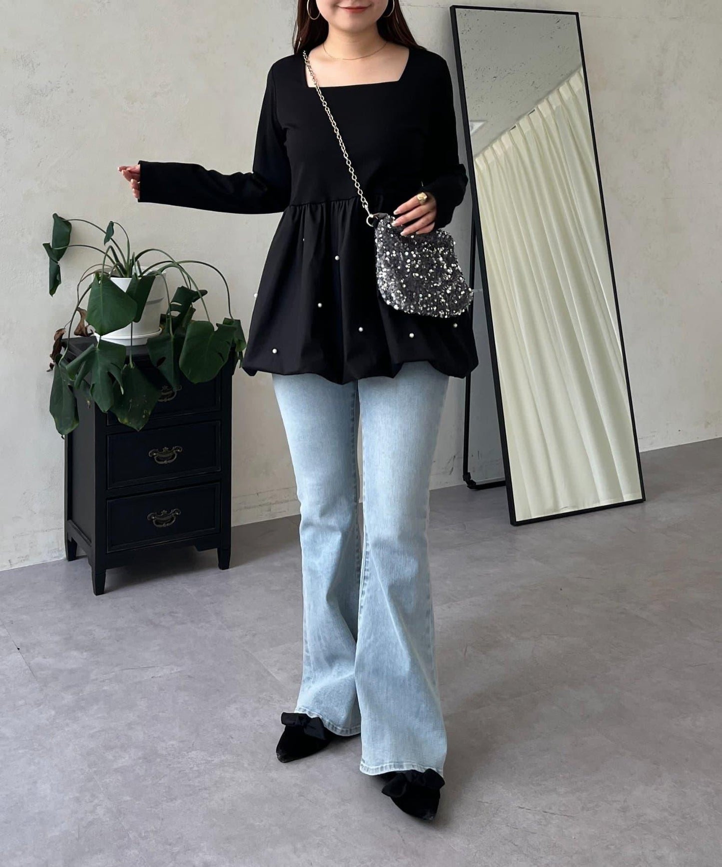 方領珍珠荷葉邊疊穿長袖T恤