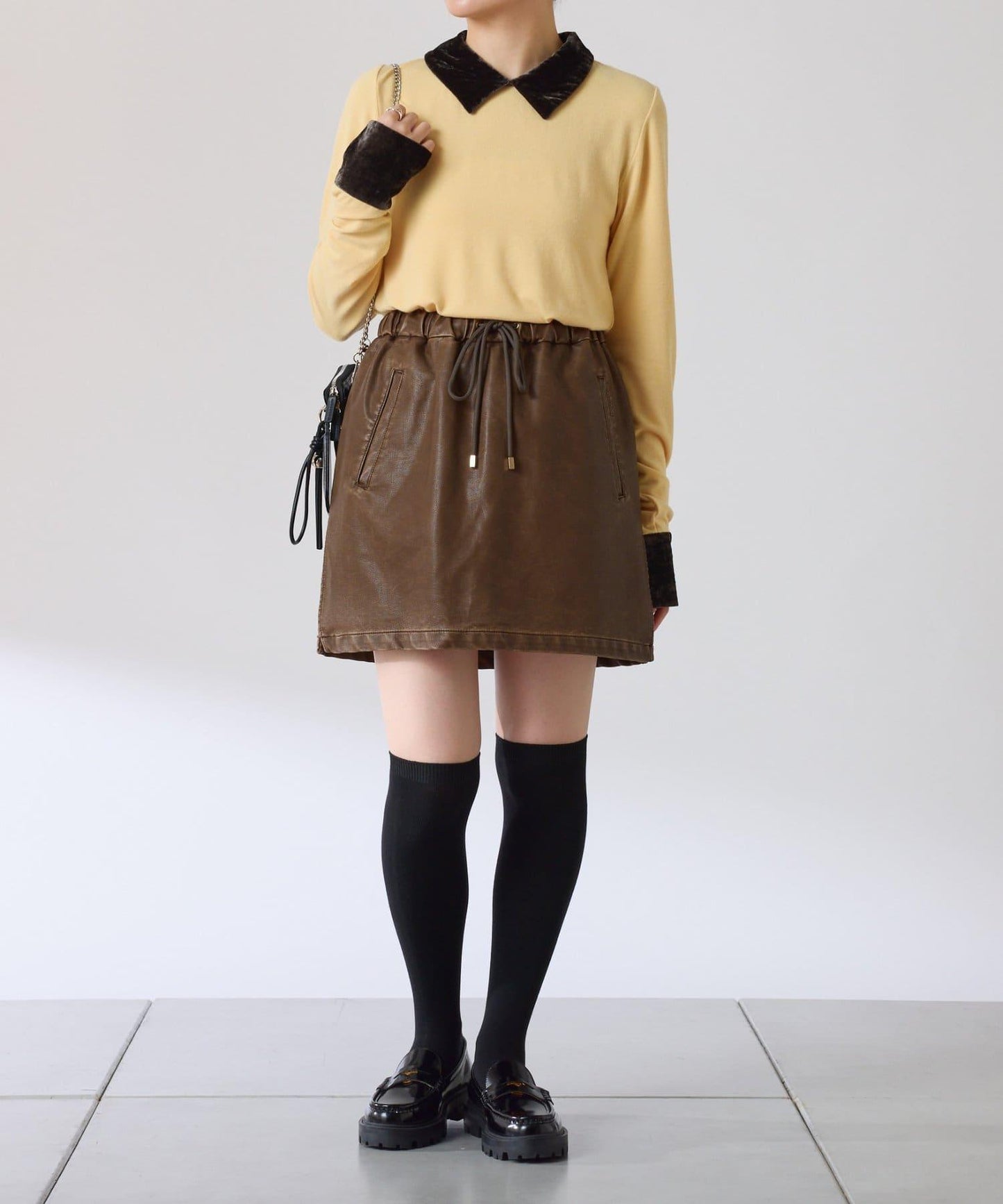 天鵝絨拼接長袖T恤