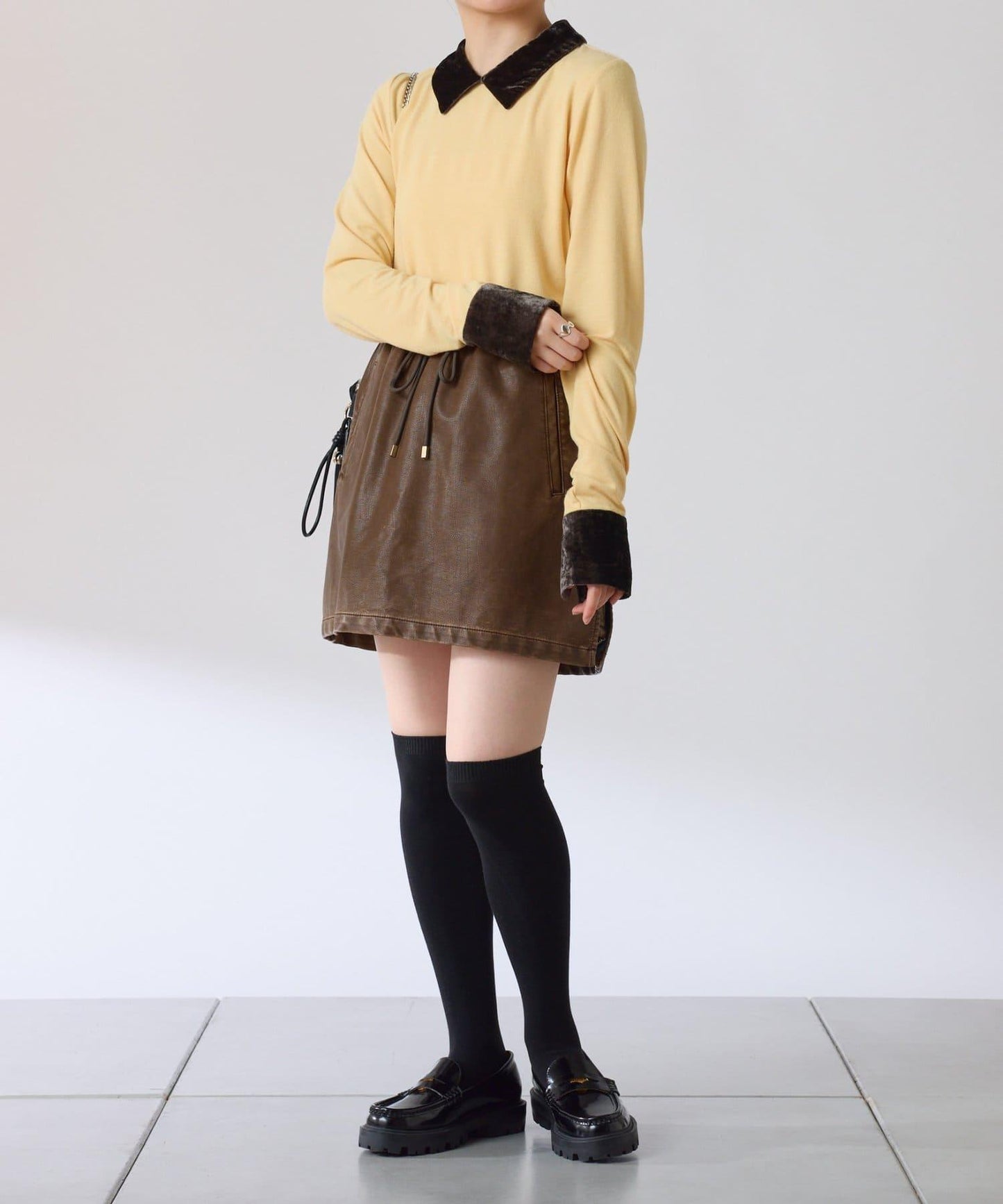 天鵝絨拼接長袖T恤