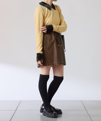 天鵝絨拼接長袖T恤