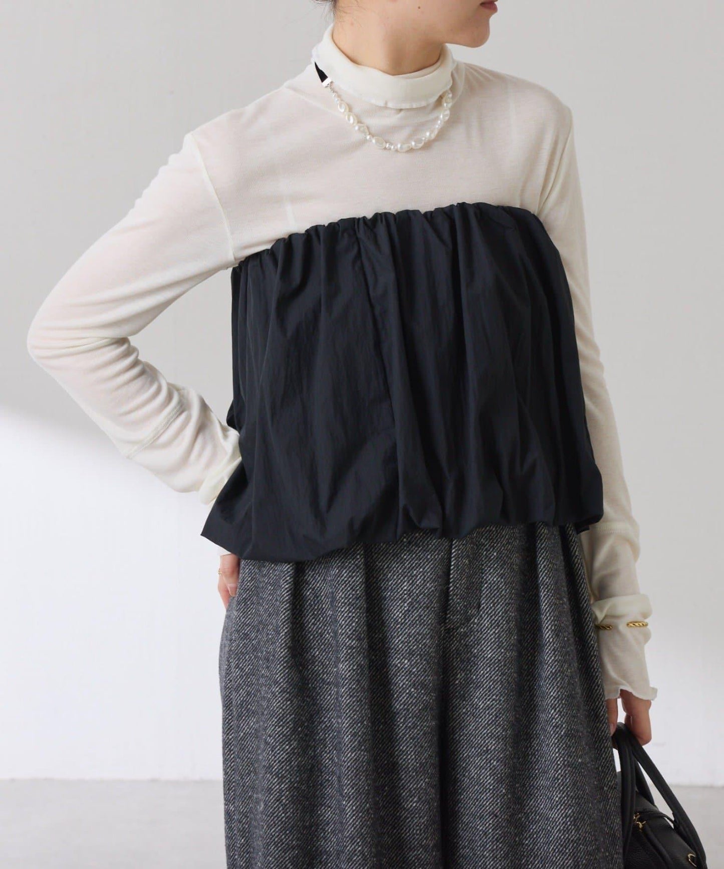 【可水洗上衣】羊毛混紡透視高領衫