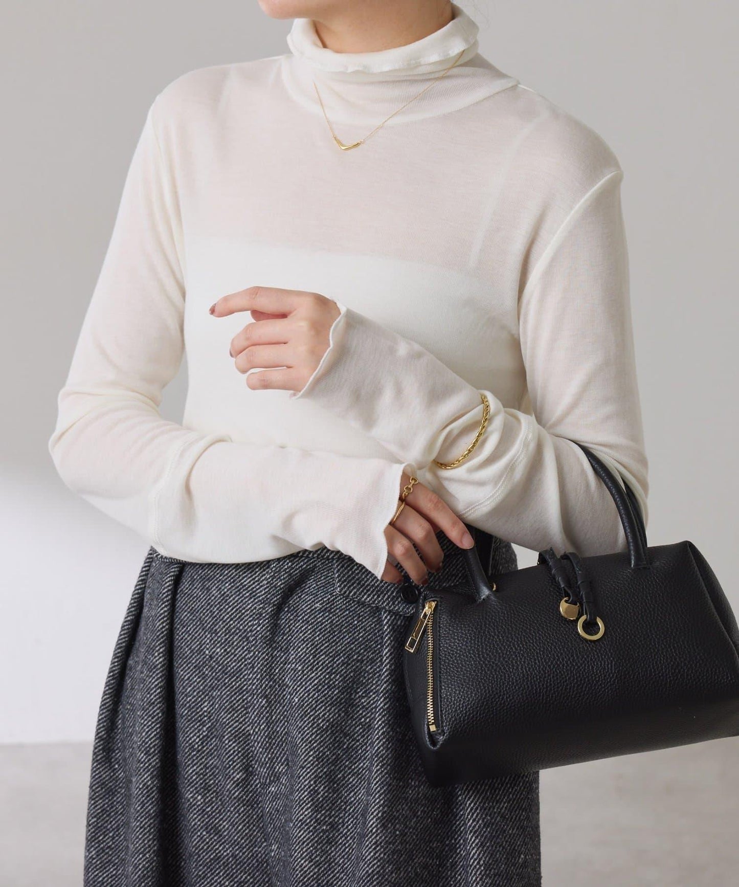 【可水洗上衣】羊毛混紡透視高領衫