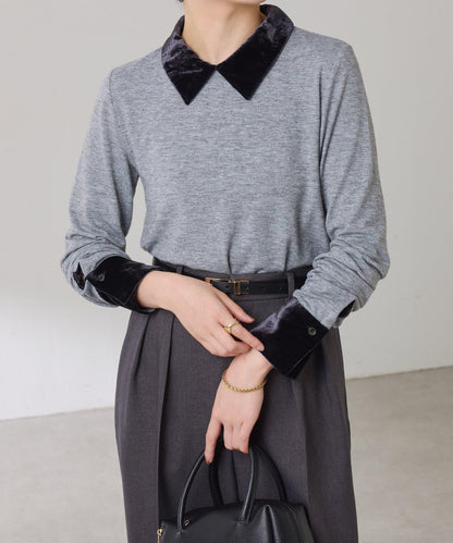 天鵝絨拼接長袖T恤