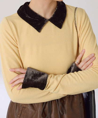 天鵝絨拼接長袖T恤