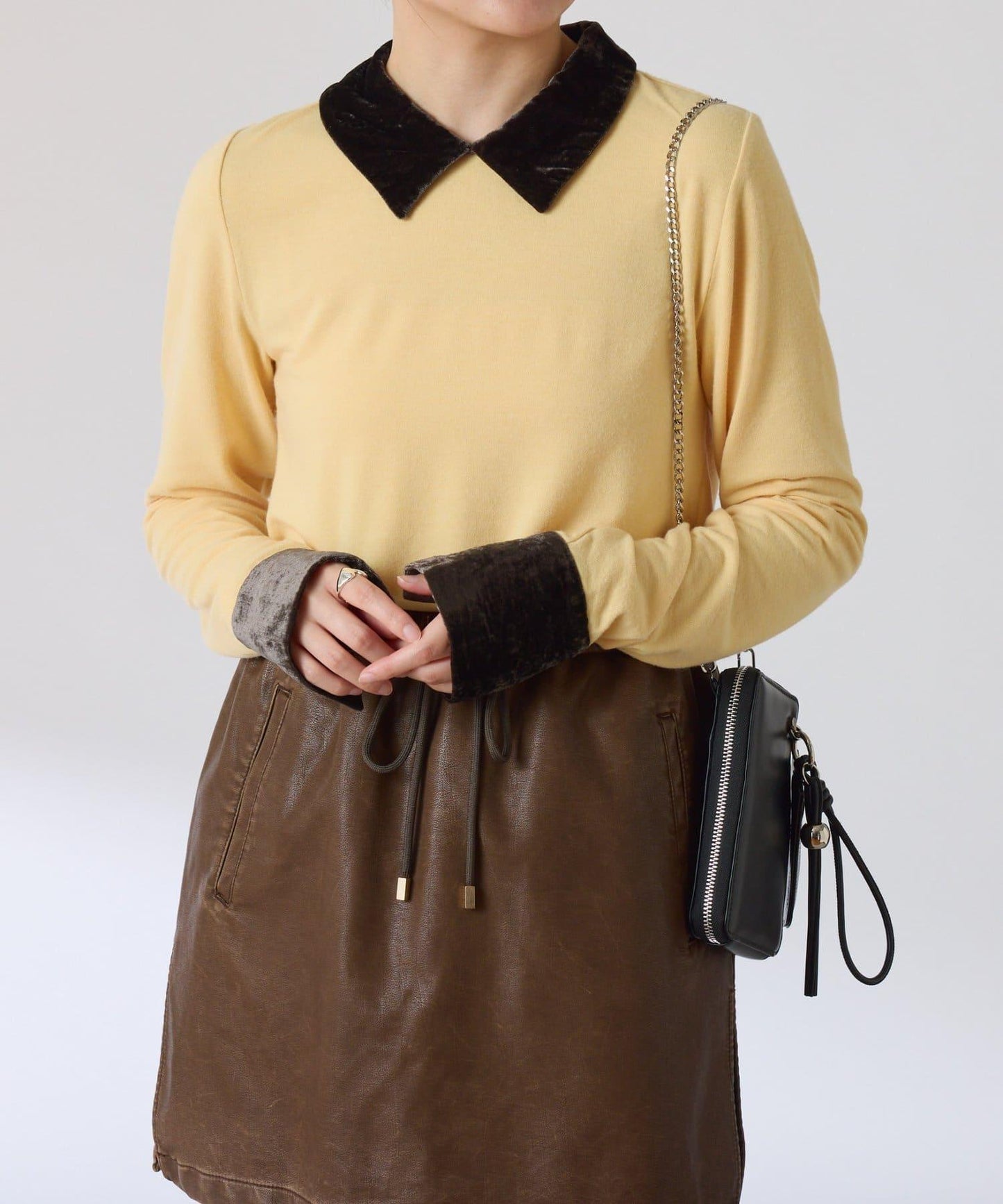 天鵝絨拼接長袖T恤