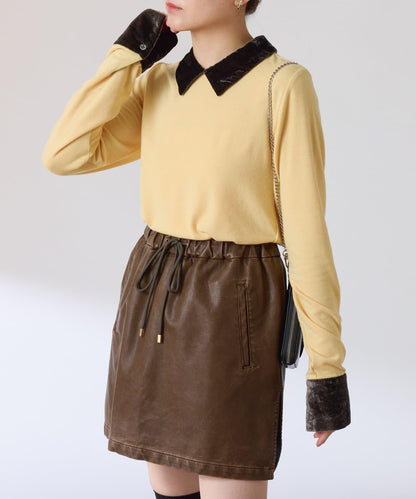 天鵝絨拼接長袖T恤