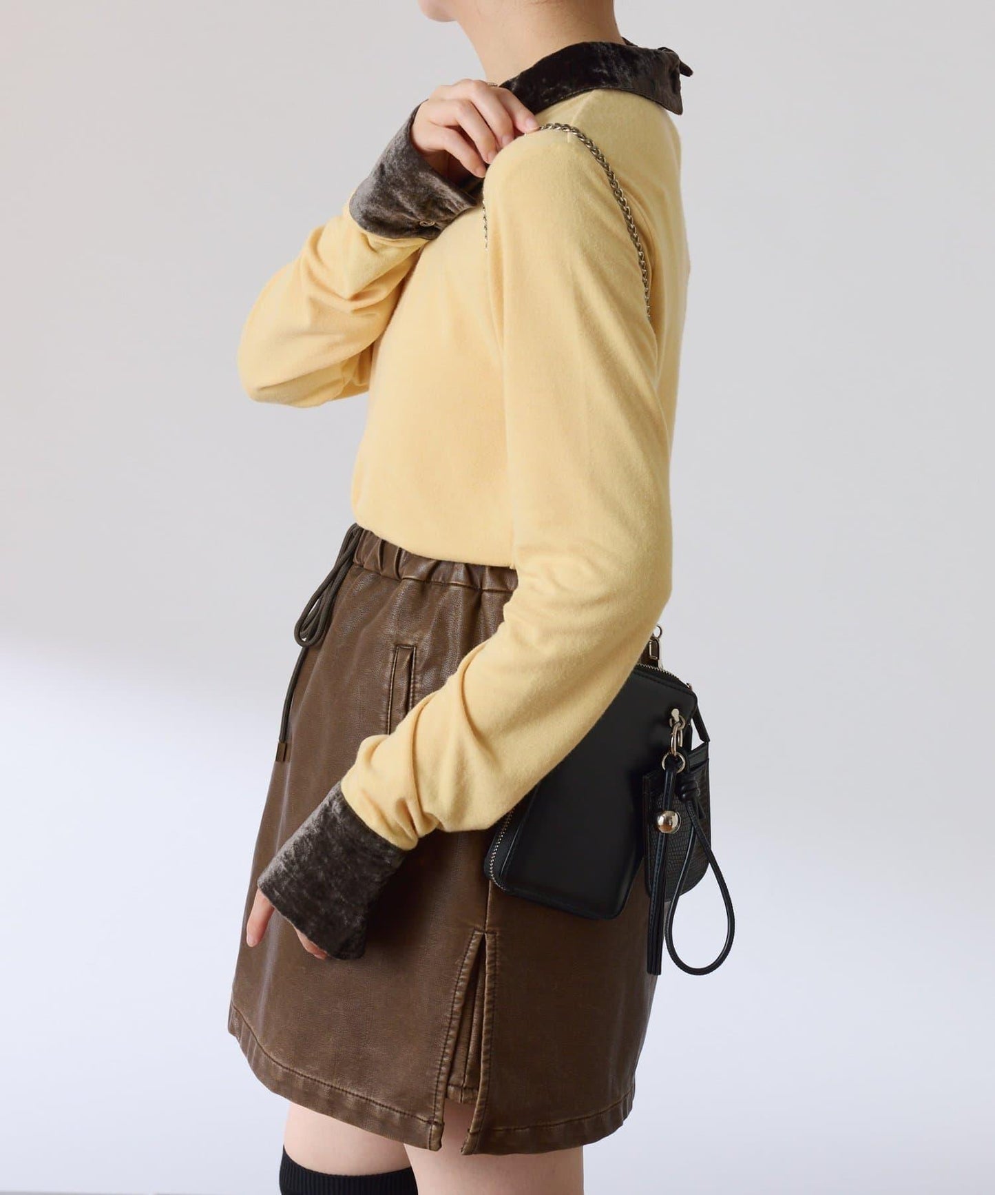 天鵝絨拼接長袖T恤