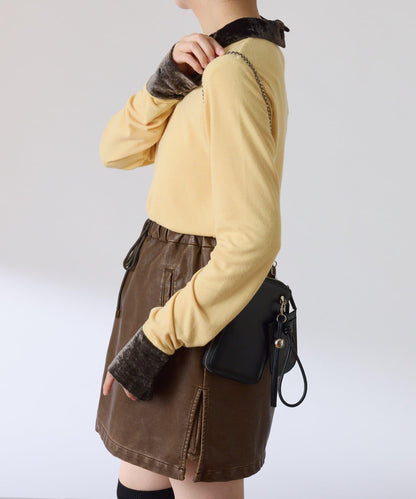 天鵝絨拼接長袖T恤