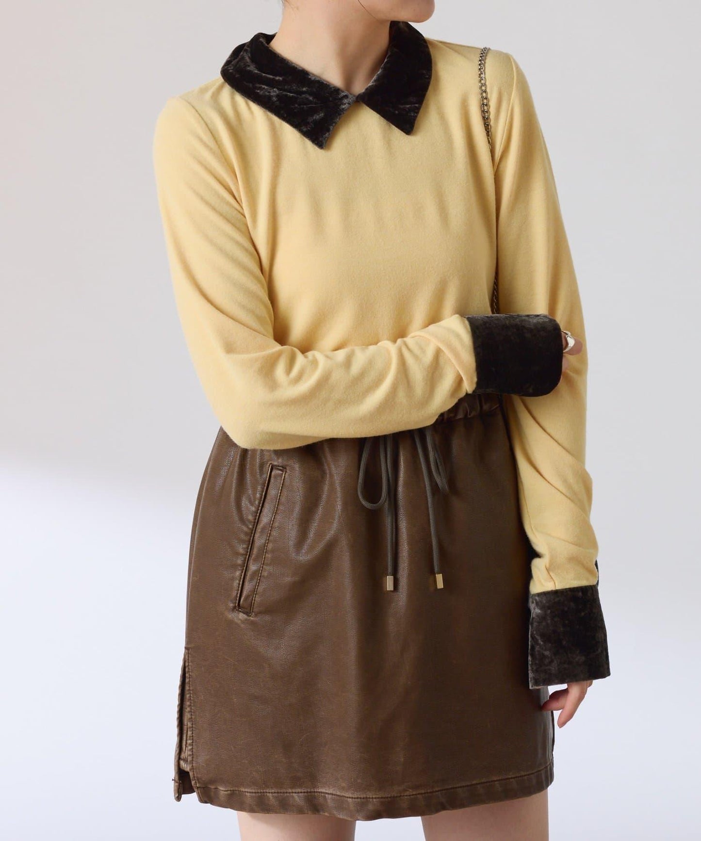 天鵝絨拼接長袖T恤