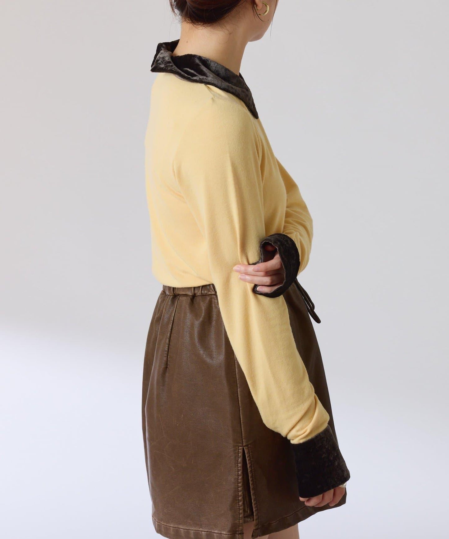 天鵝絨拼接長袖T恤