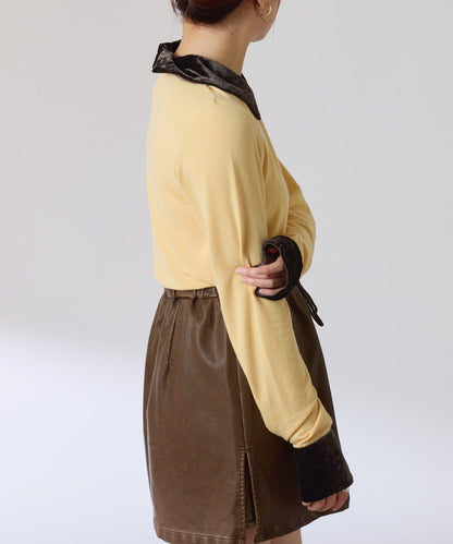 天鵝絨拼接長袖T恤