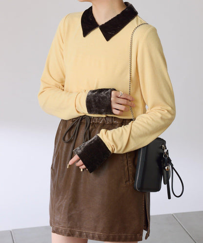 天鵝絨拼接長袖T恤