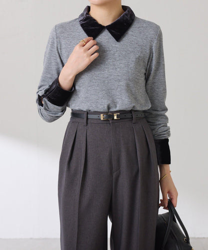 天鵝絨拼接長袖T恤