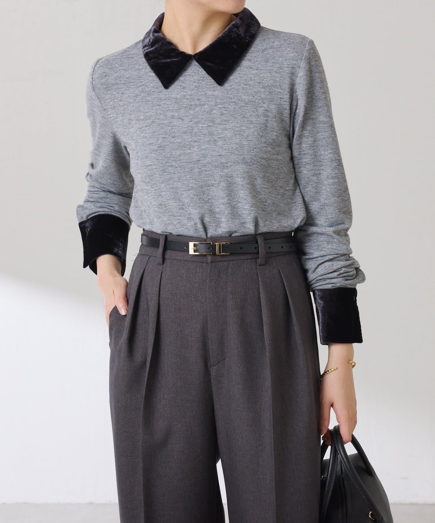 天鵝絨拼接長袖T恤