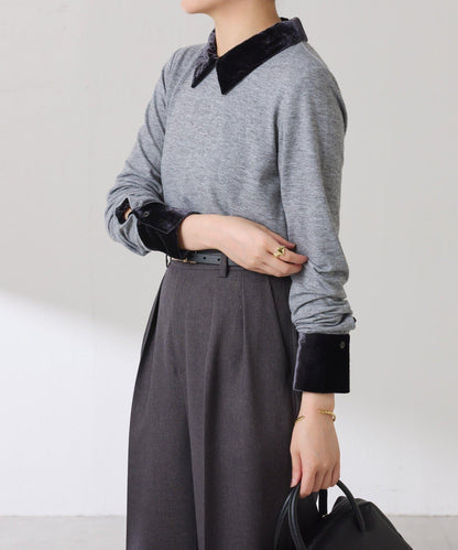 天鵝絨拼接長袖T恤