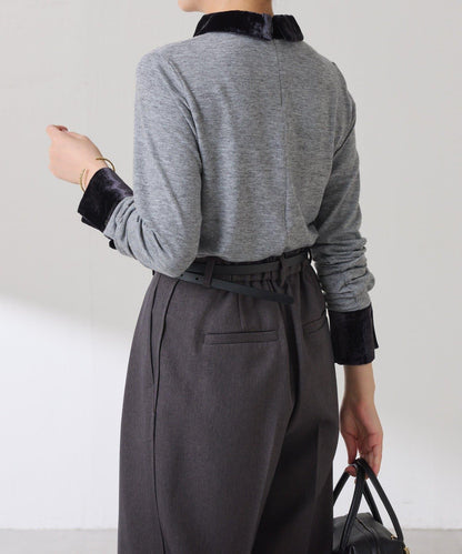 天鵝絨拼接長袖T恤