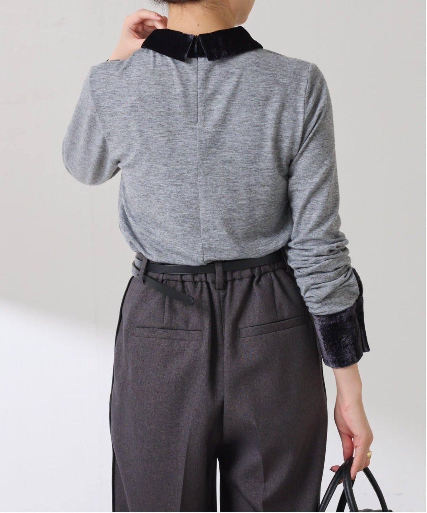 天鵝絨拼接長袖T恤