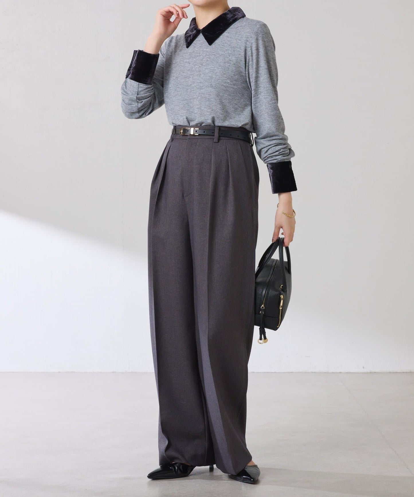 天鵝絨拼接長袖T恤