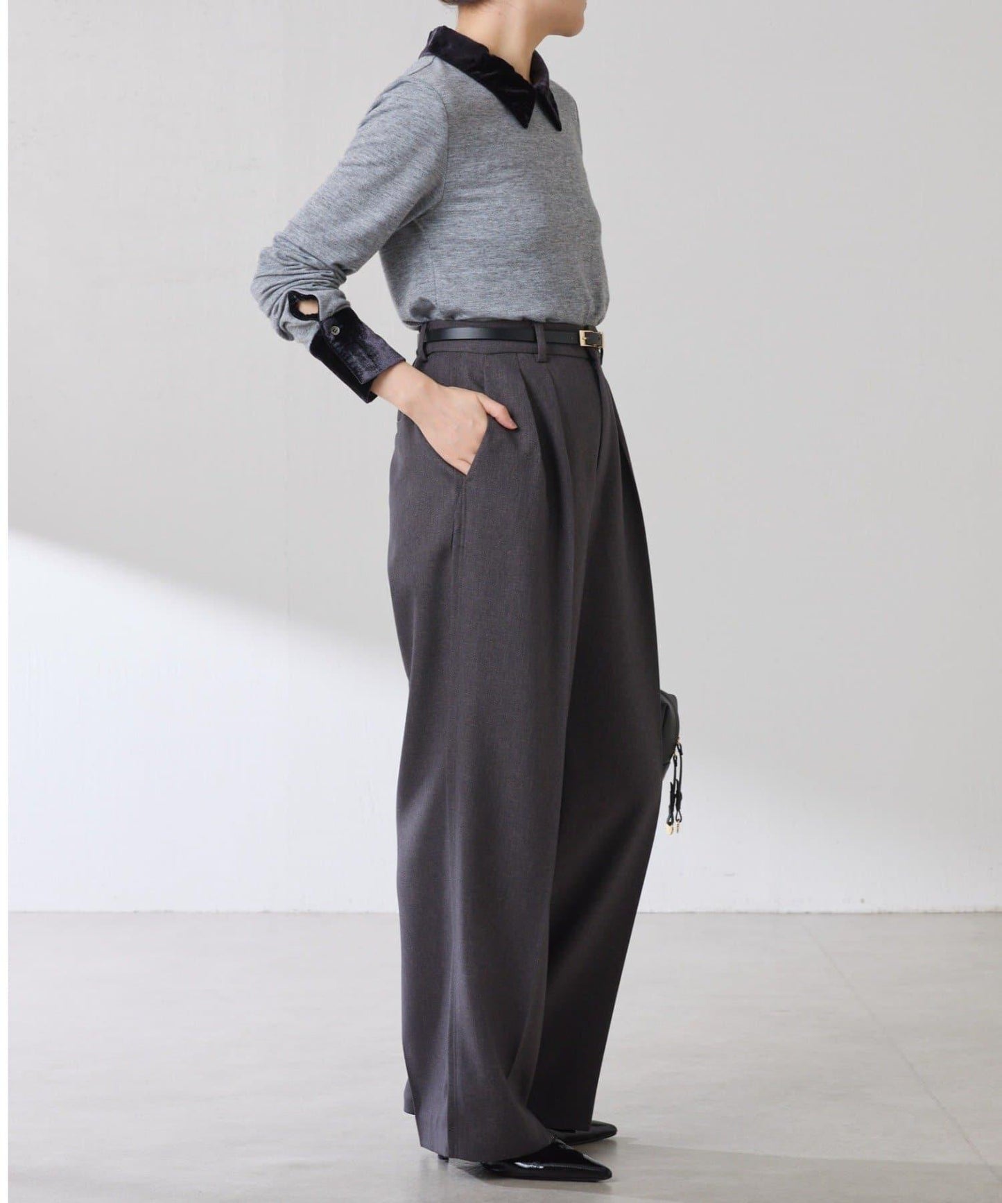 天鵝絨拼接長袖T恤