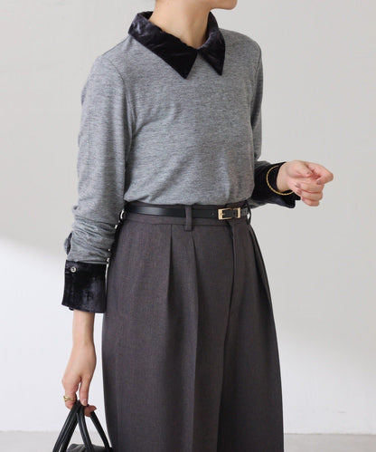 天鵝絨拼接長袖T恤