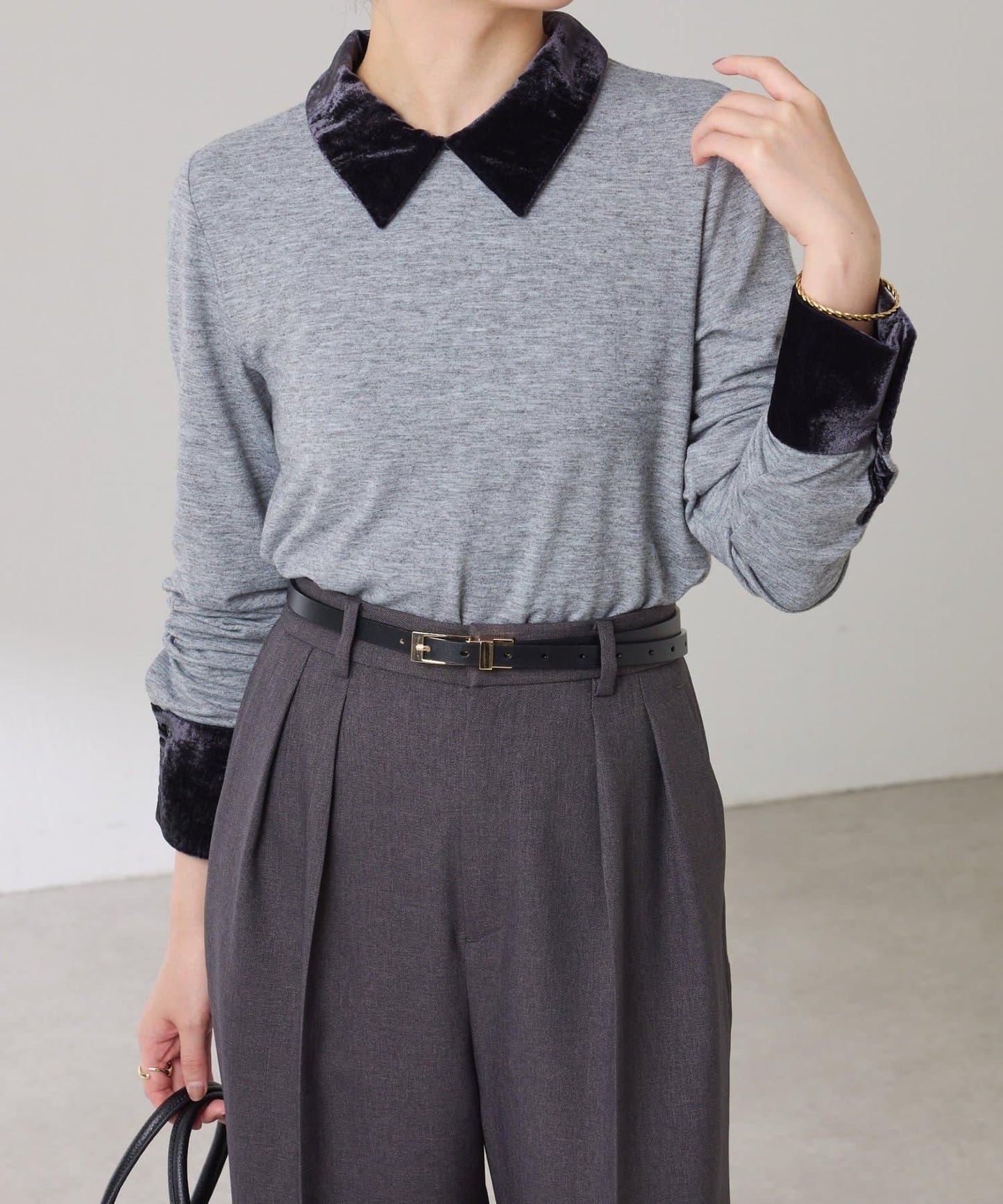 天鵝絨拼接長袖T恤