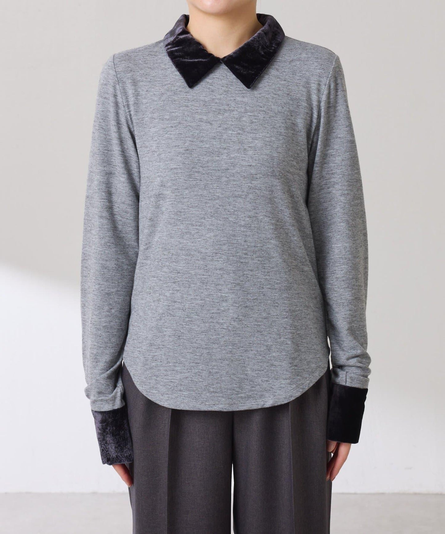 天鵝絨拼接長袖T恤