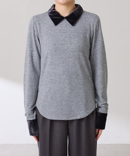 天鵝絨拼接長袖T恤