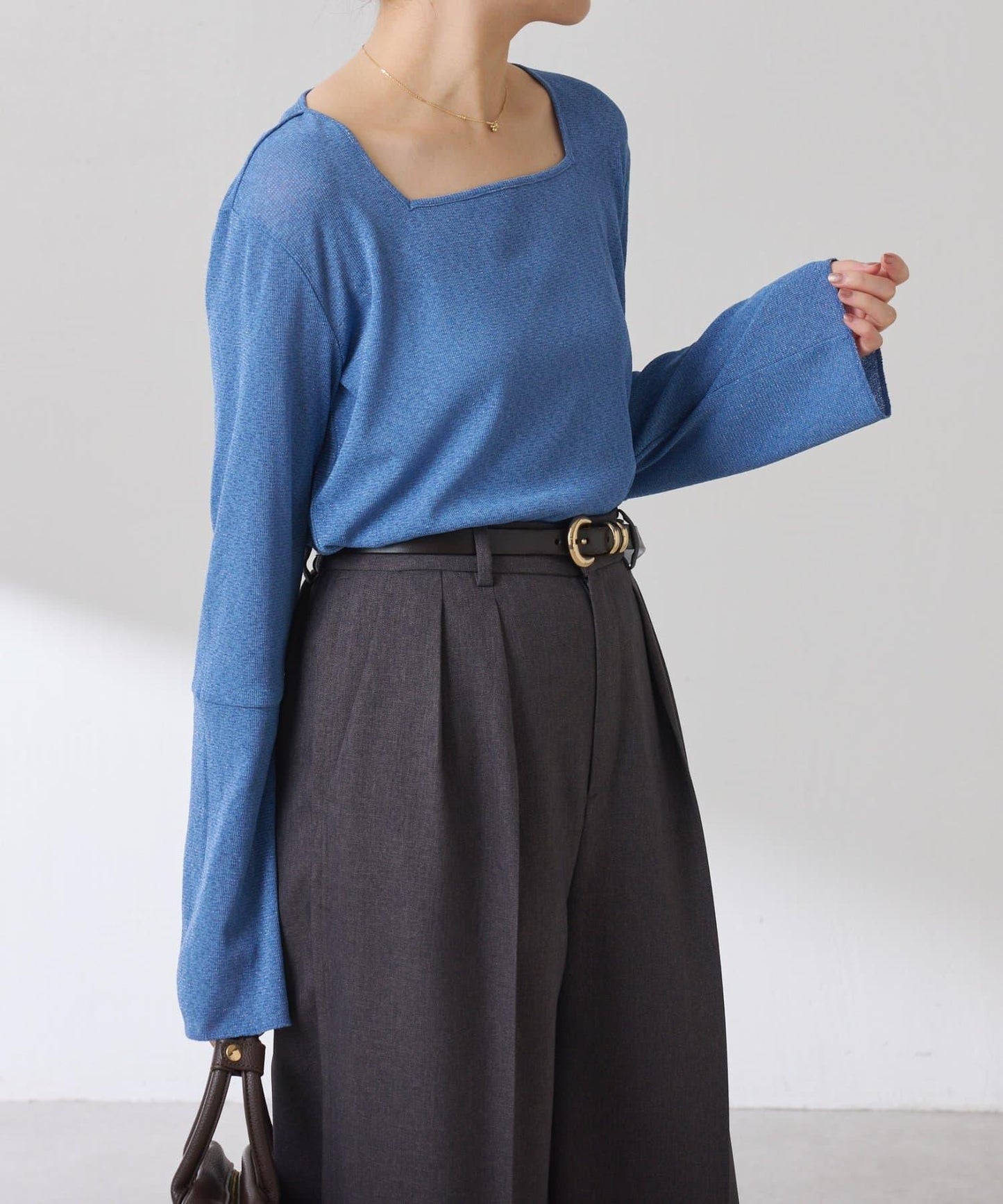 【可作內搭】透視亮絲羅紋方領上衣