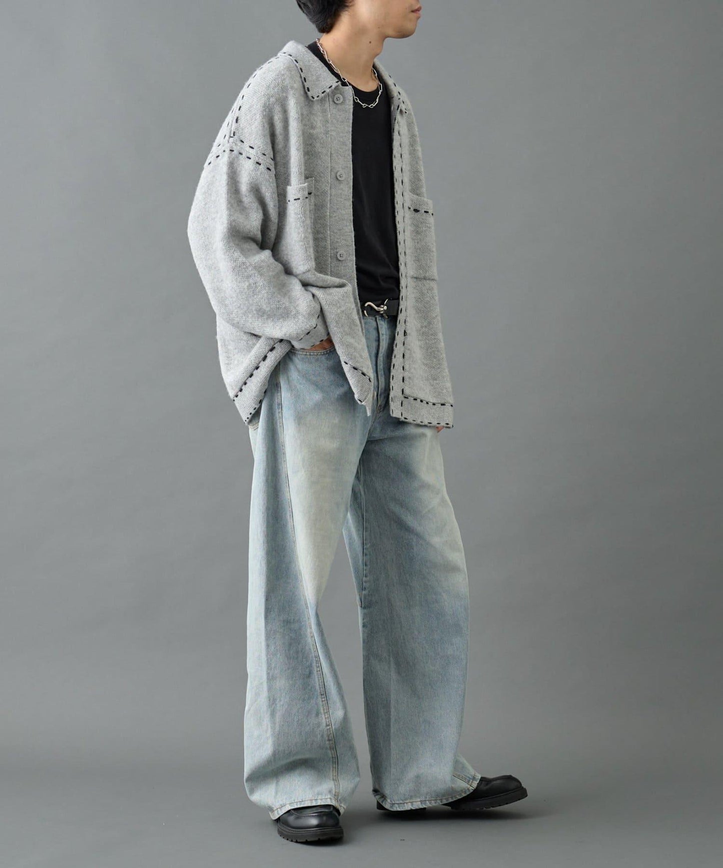【AW】仿馬海毛手工縫線翻領開衫