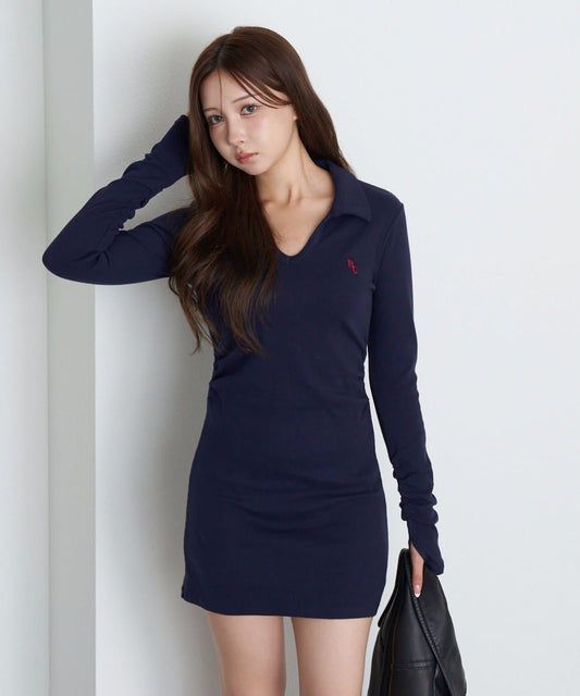 長袖翻領刺繡迷你連衣裙