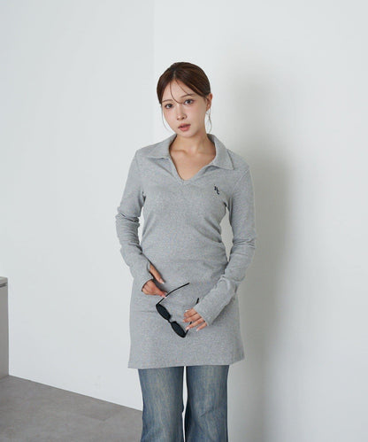 長袖翻領刺繡迷你連衣裙