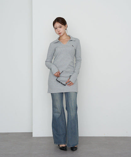 長袖翻領刺繡迷你連衣裙