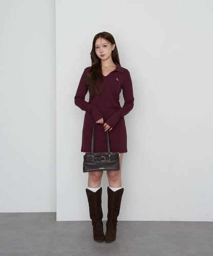 長袖翻領刺繡迷你連衣裙