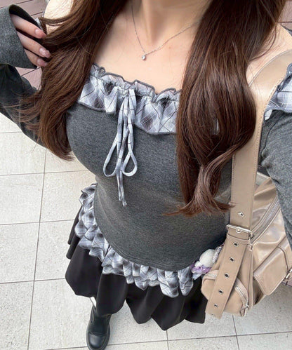 【主角級設計】格紋荷葉邊T恤