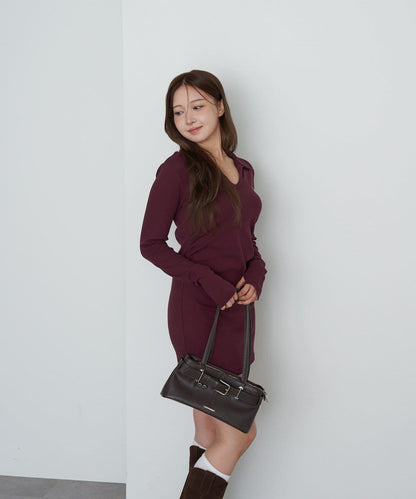 長袖翻領刺繡迷你連衣裙