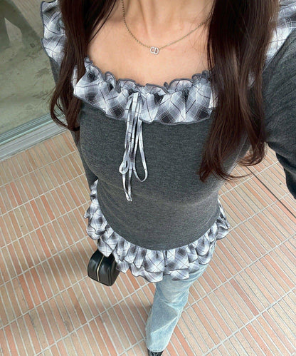 【主角級設計】格紋荷葉邊T恤