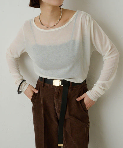 透視羅紋一字肩長袖T恤