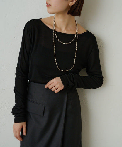 透視羅紋一字肩長袖T恤