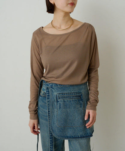 透視羅紋一字肩長袖T恤