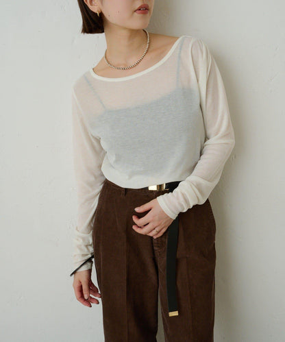 透視羅紋一字肩長袖T恤