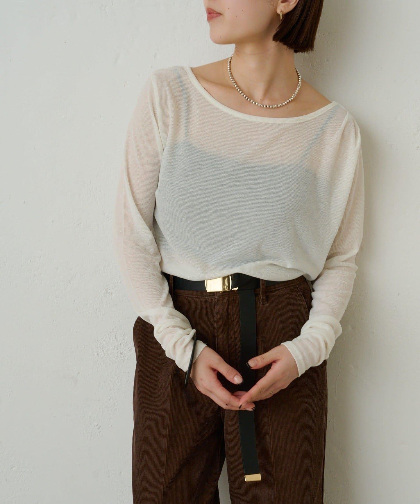 透視羅紋一字肩長袖T恤