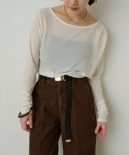 透視羅紋一字肩長袖T恤