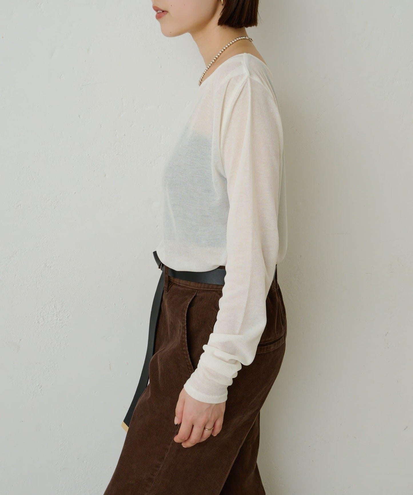 透視羅紋一字肩長袖T恤