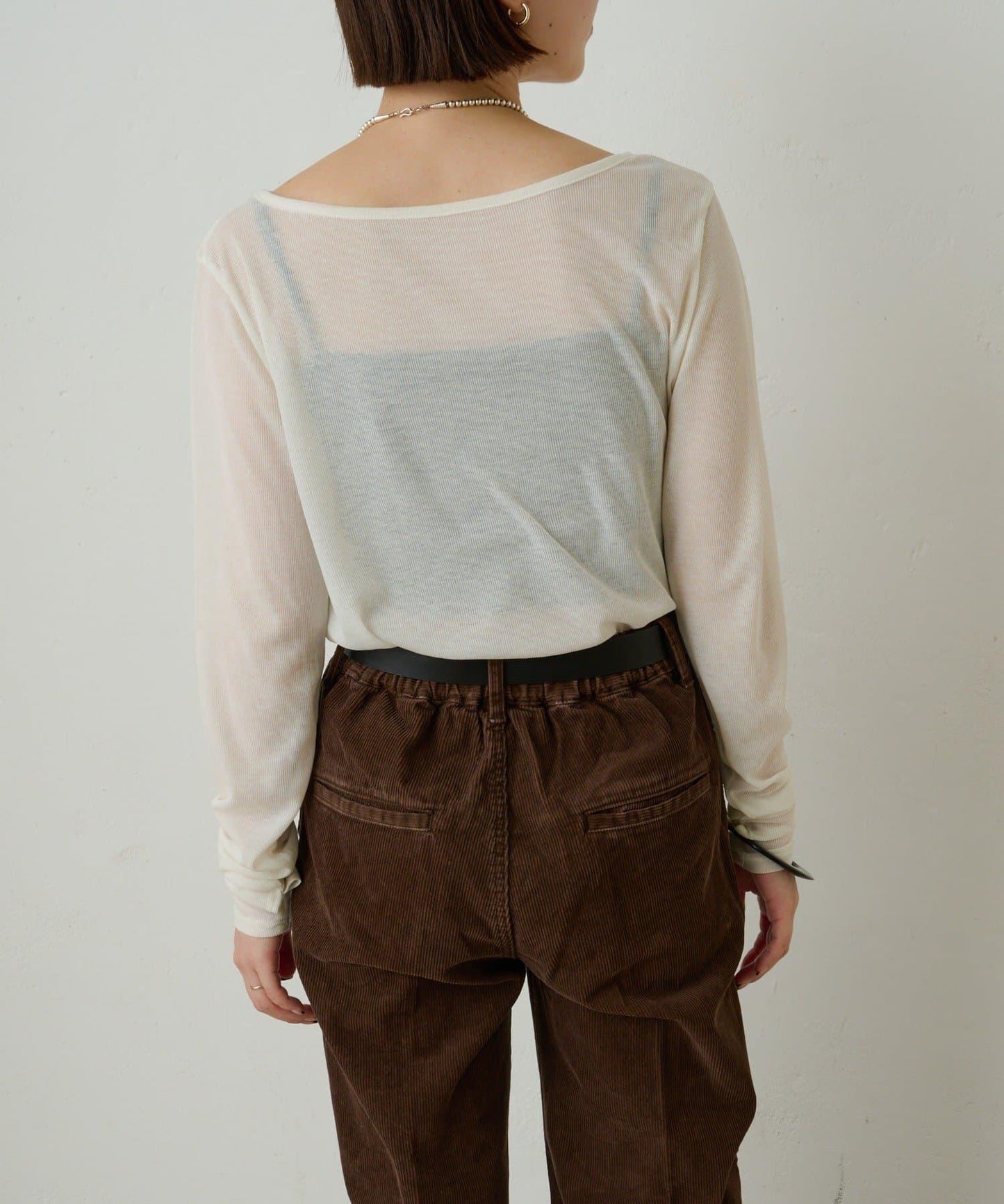 透視羅紋一字肩長袖T恤