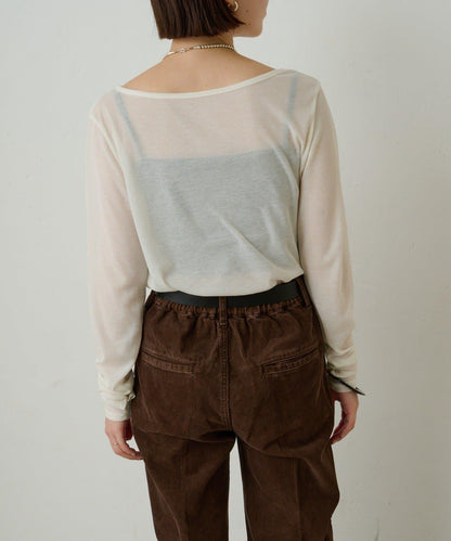 透視羅紋一字肩長袖T恤